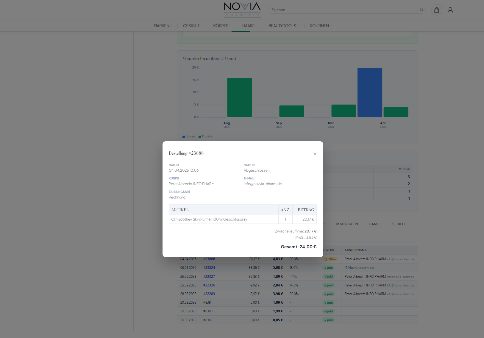 Bestellungs-Detail im Dashboard